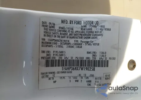 2007 Ford Focus Se/Ses z USA, uszkodzony, nr VIN 1FAHP36NX7W190258